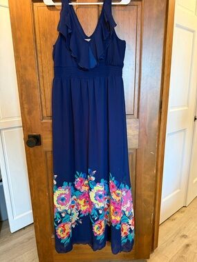 Old Navy Navy Floral Maxi Dress with Ruffle V-Neck